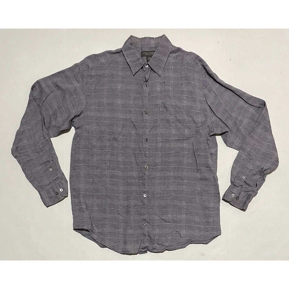Banana Republic Shirt Mens Size Large‎ Purple Plaid 100% Linen Button Up Check